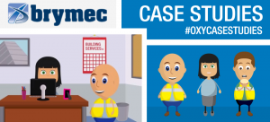 MyBrymec animated characters beside an office scene and case-study title.