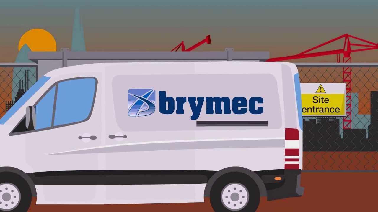 Animated Brymec delivery van beside a construction-site entrance.