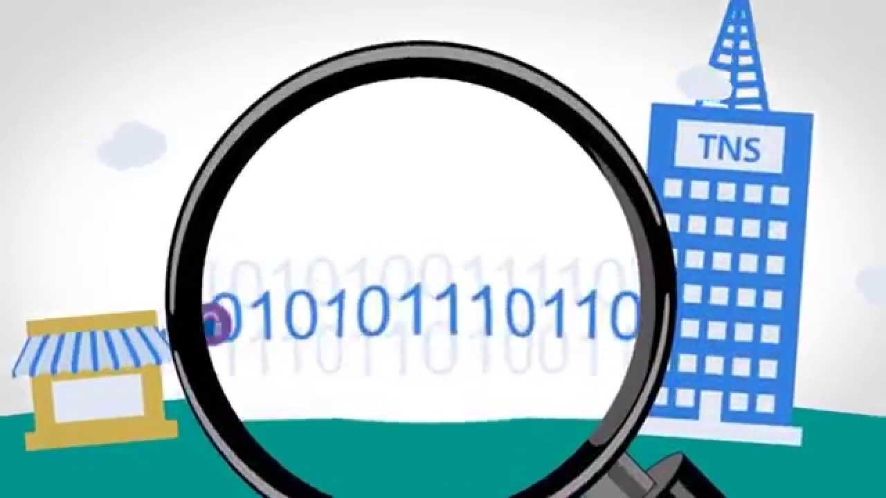 Animated TNS Payments film showing a magnifying glass over binary data beside a TNS building graphic.