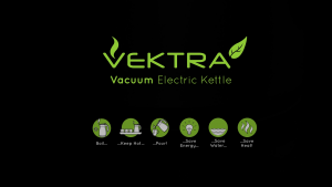 Vektra Vacuum Electric Kettle logo with product feature icons on black.