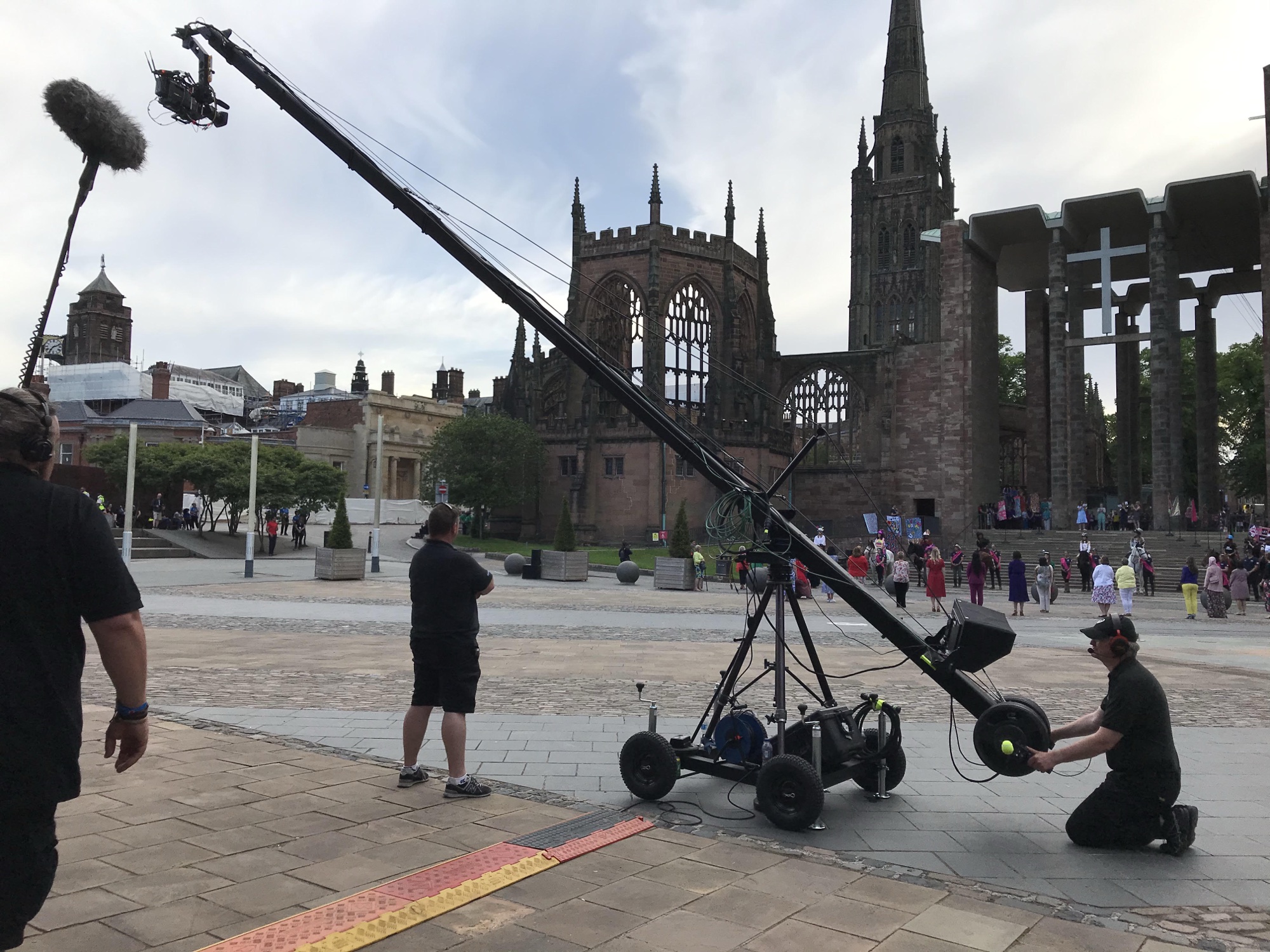 Camera jib filming Coventry Moves beside Coventry Cathedral during the city-wide live production.