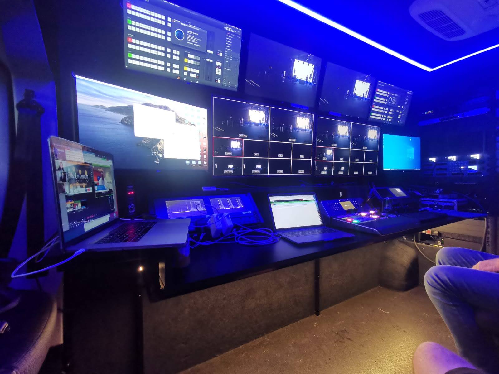 Coventry Moves master-control gallery with production switcher and multiview screens.