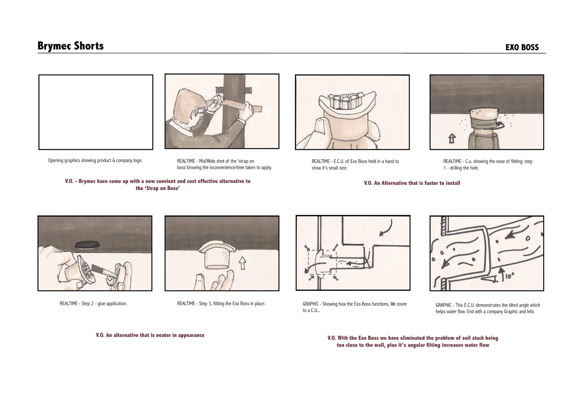 Exo Boss storyboard showing installation shots, product close-ups, animated cutaways and voiceover cues.