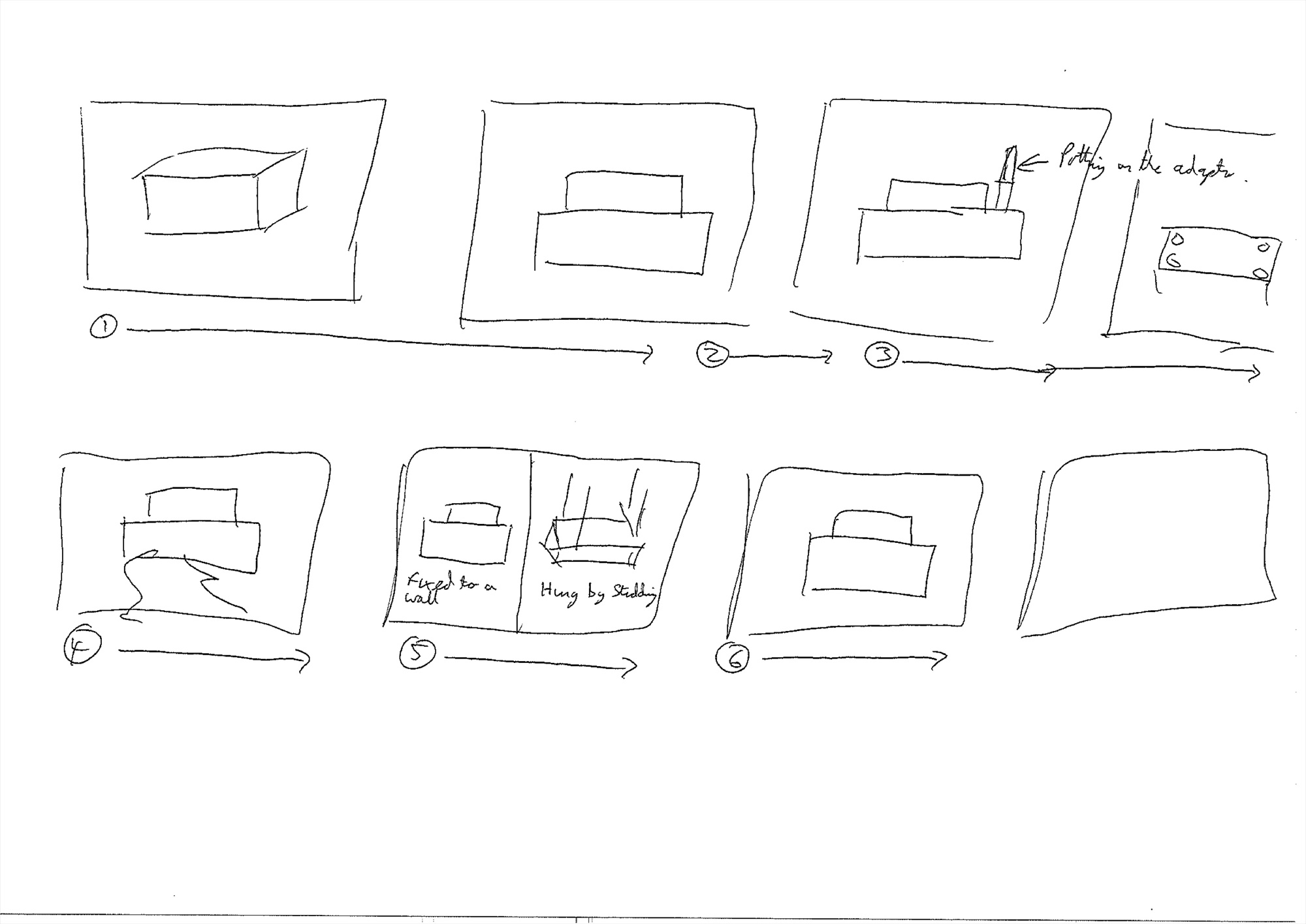 Hand-drawn seven-step Exo Pump sequence showing product views and wall or studding installation options.