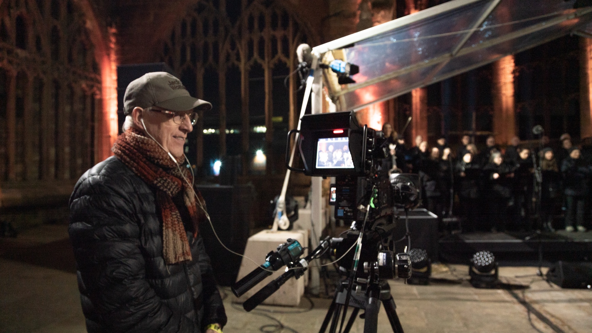 Broadcast camera and jib outside Coventry Cathedral during Ghosts in the Ruins