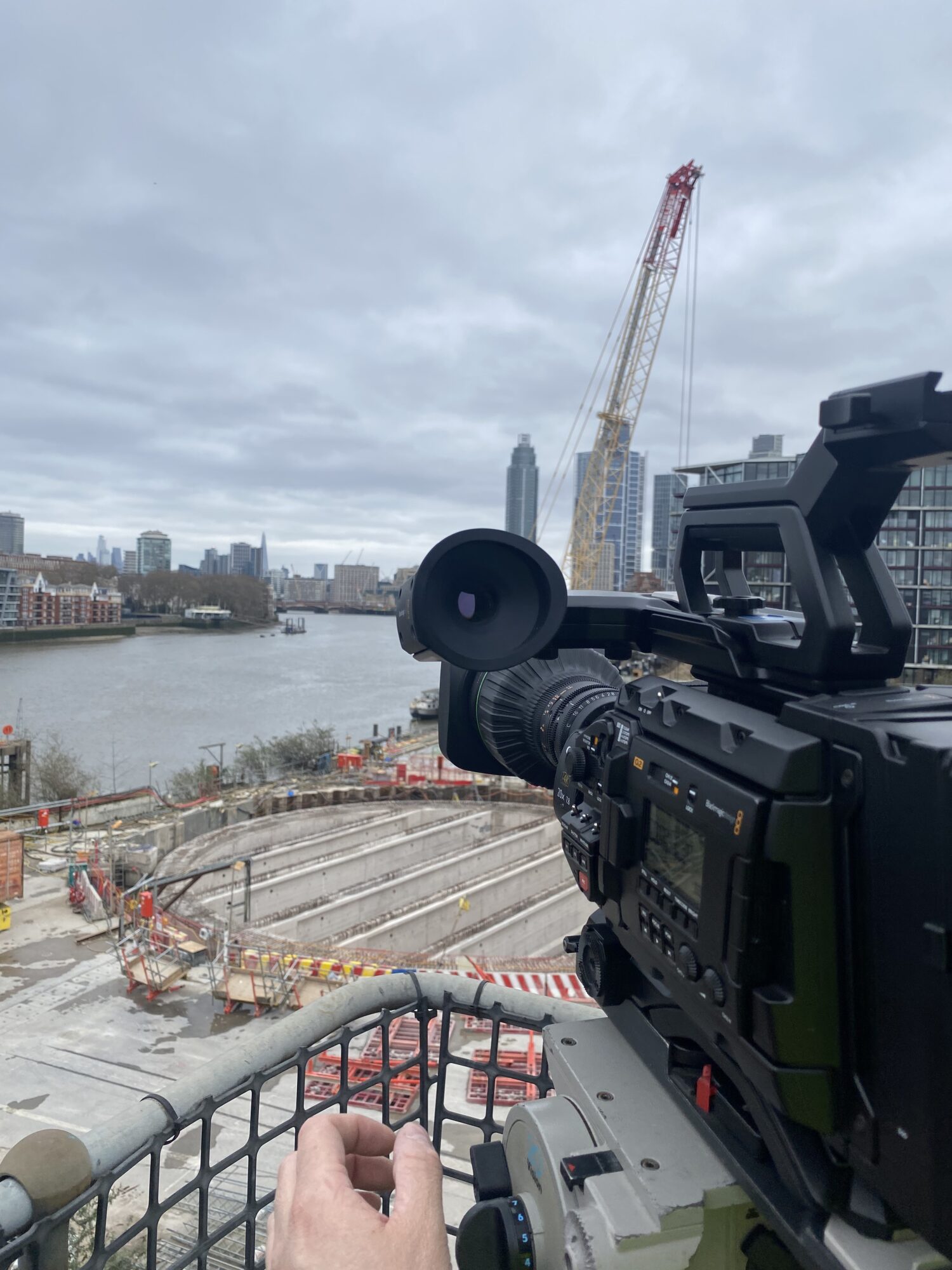 Production camera overlooking Cory’s riverside waste-transfer site during the Intelex customer-film shoot