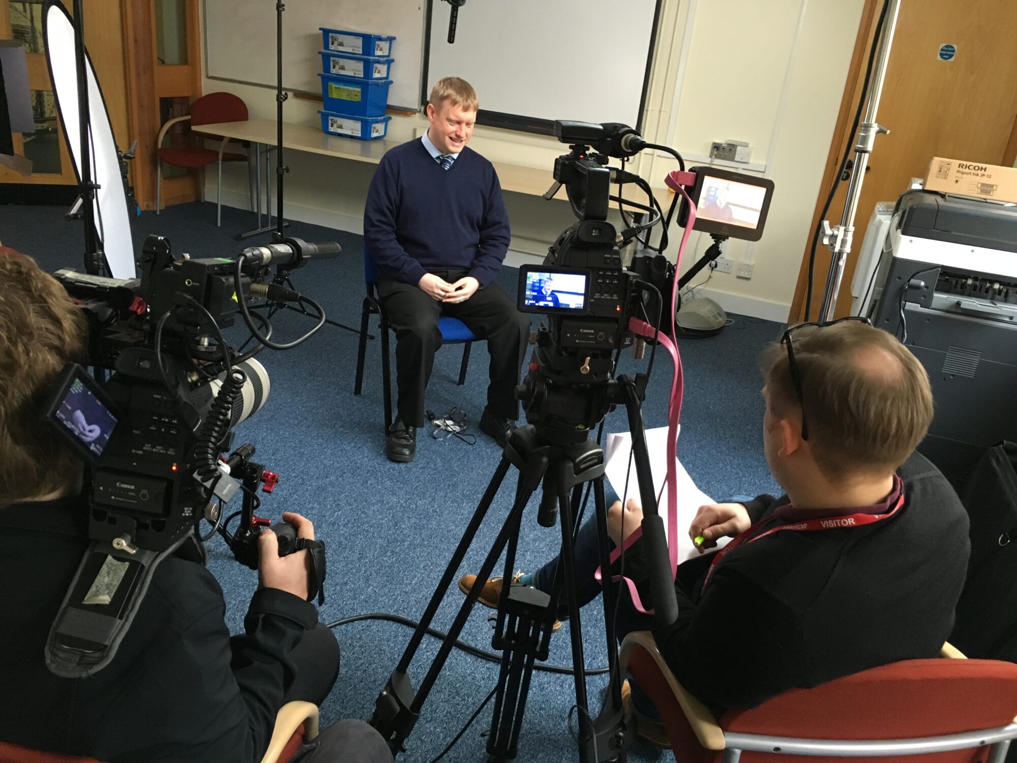 Two-camera interview setup for the LEGO Education StoryStarter film at Bar Hill Community Primary School