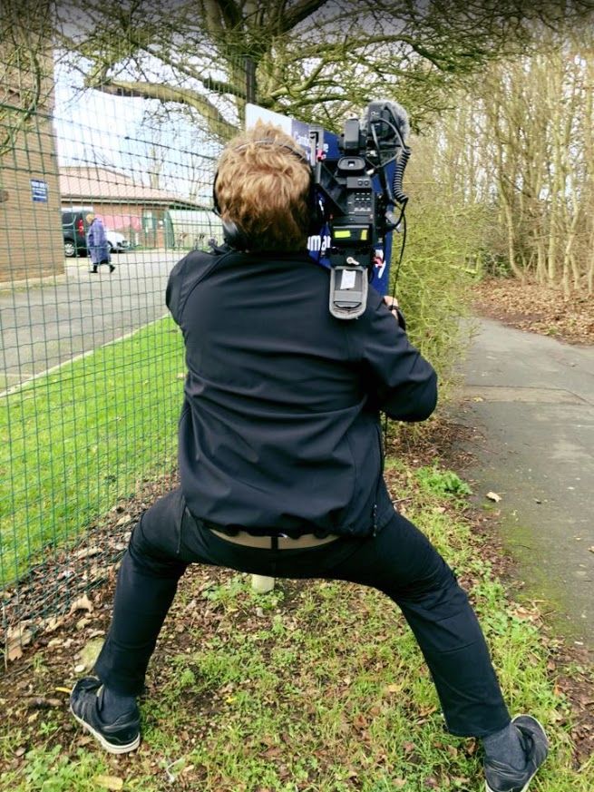 Director of photography Scott filming outside Bar Hill Community Primary School for the LEGO Education StoryStarter film