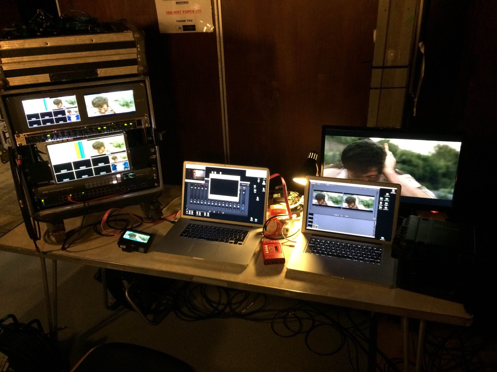 oXyFire production control with multiview monitors, laptops and recording equipment during setup for the Stallone event.